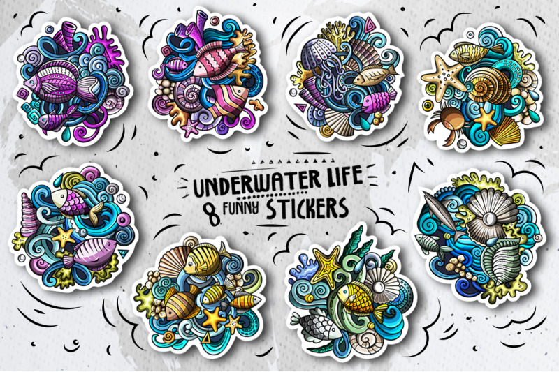 8-funny-sea-life-vector-doodle-stickers-set