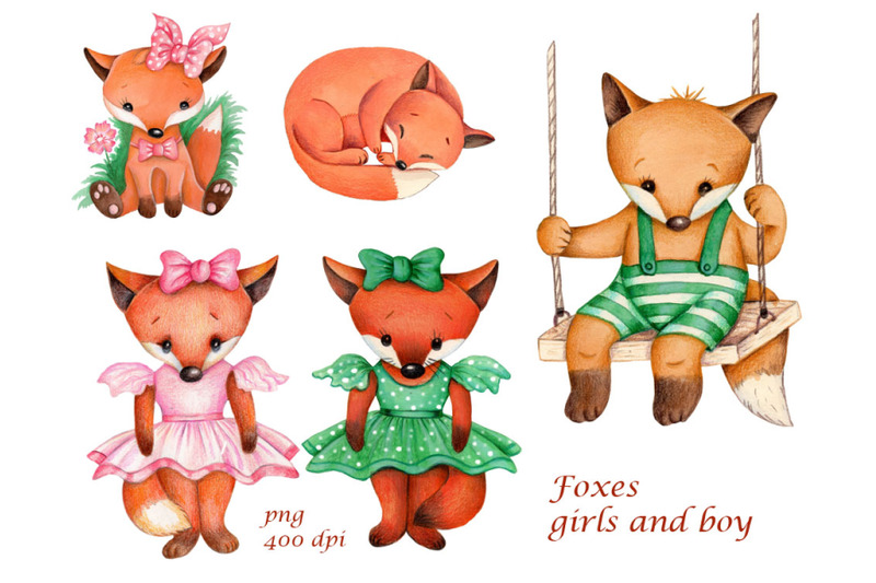 cute-watercolor-foxes-girls-and-boy