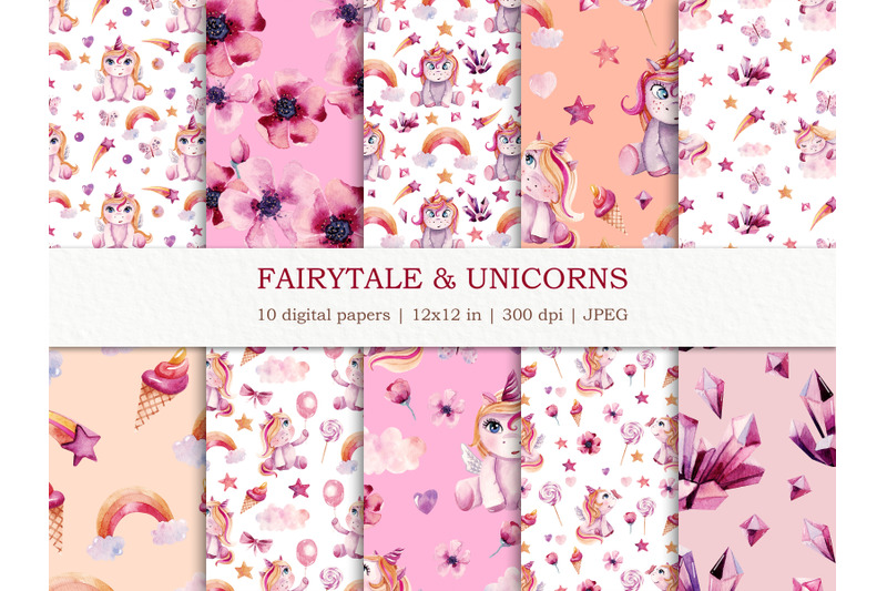 watercolor-seamless-patterns-with-unicorns