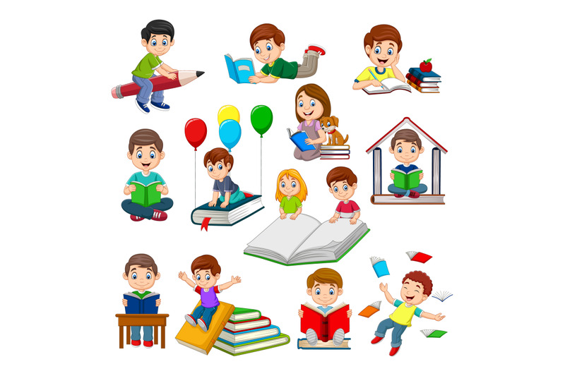 cartoon-school-children-reading-book-collection-set