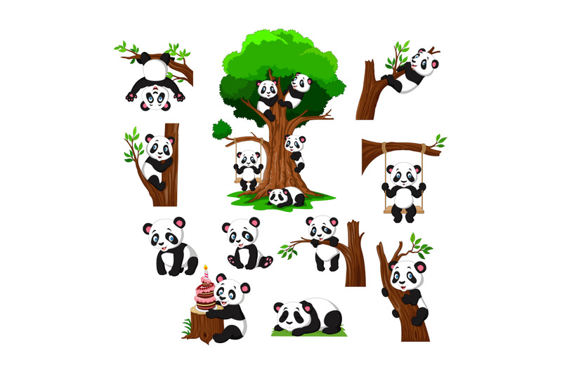 cartoon-baby-collection-set-panda-playing-on-a-tree