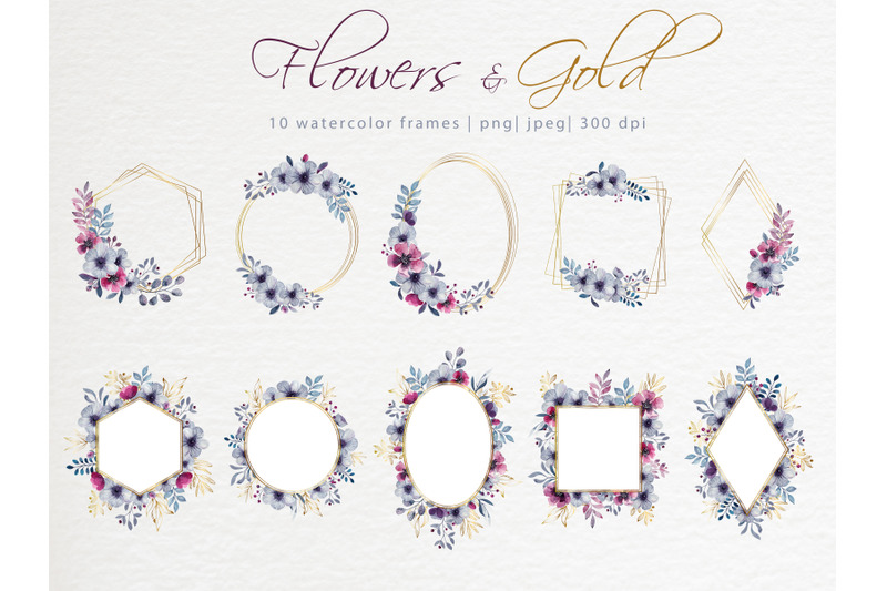 watercolor-delicate-floral-frames-with-gold-geometric-forms
