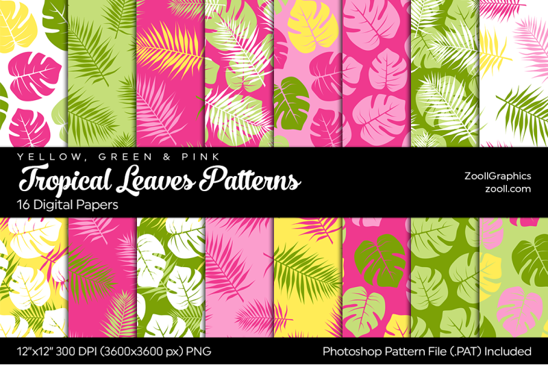 tropical-leaves-digital-papers-yellow-green-and-pink