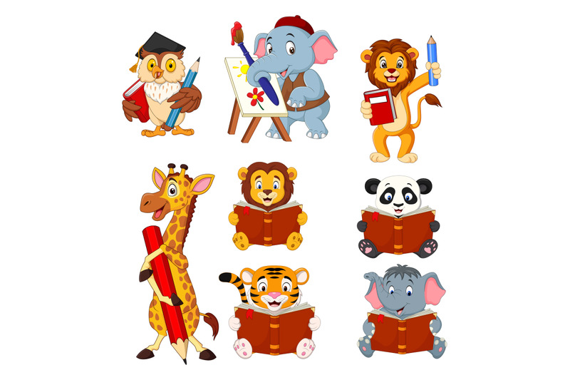 cartoon-cute-animal-collection-set-holding-book-and-pencil