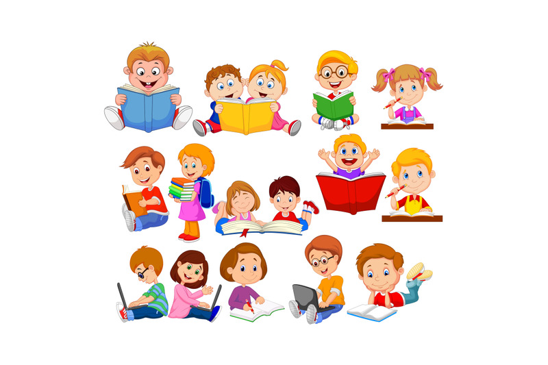 cartoon-school-children-reading-book-and-operating-computer-collection