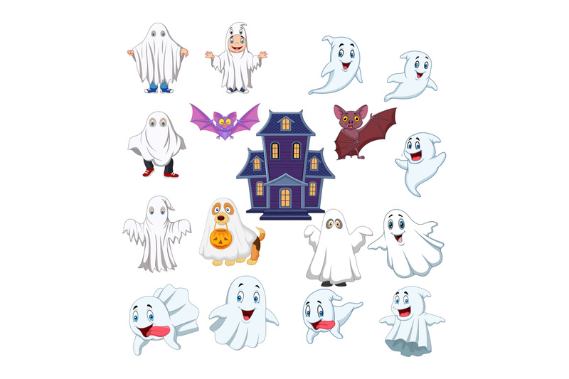 cartoon-kid-house-with-ghost-costume-halloween-collection-set