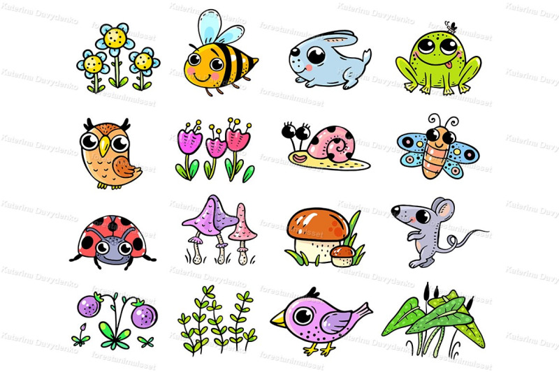 set-of-cute-forest-or-woodland-animals-and-plant-elements