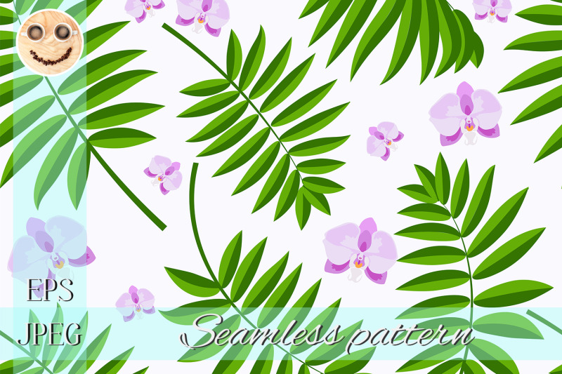 purple-orchid-green-palm-branch-on-white-seamless-pattern