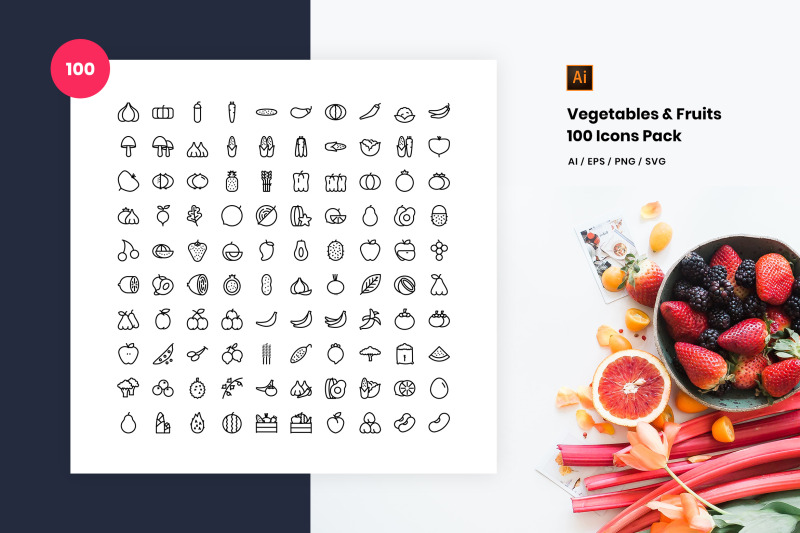 vegetables-and-fruits-100-set-icons-pack