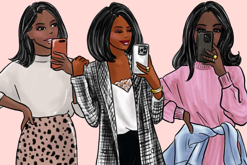 watercolor-fashion-clipart-girls-taking-selfies-dark-skin