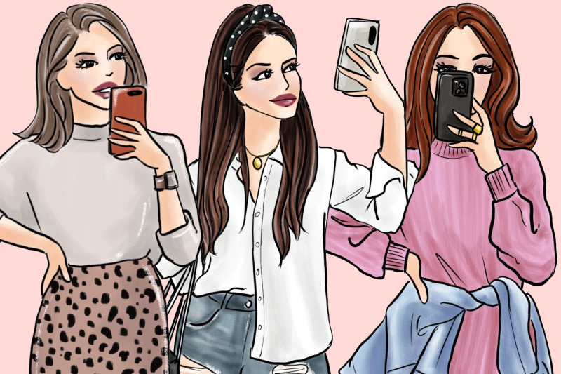 watercolor-fashion-clipart-girls-taking-selfies-light-skin