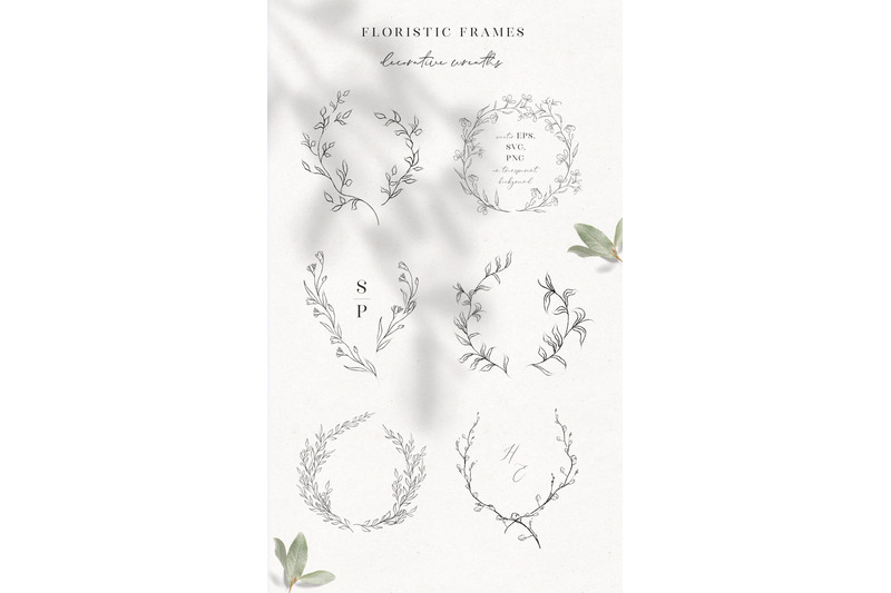 line-drawing-floristic-wreaths-sprigs-clipart-hand-drawn-fine-art