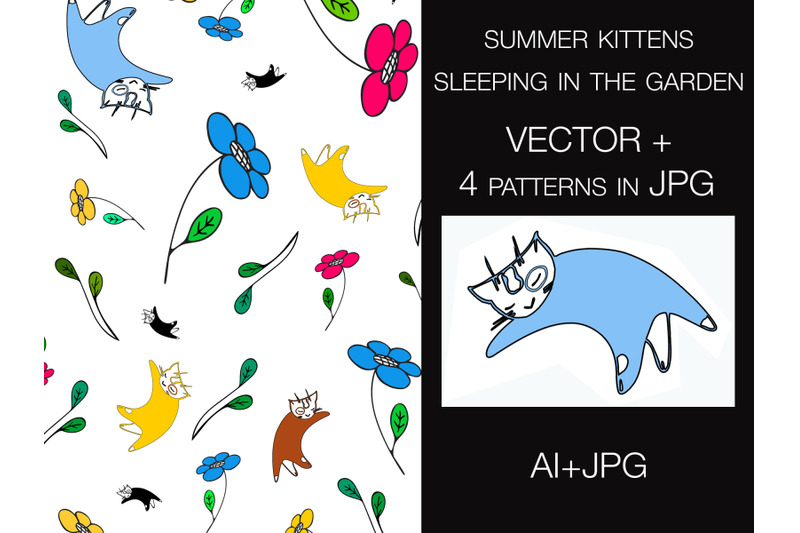 seamless-pattern-vector-illustration-of-summer-kittens-in-a-garden