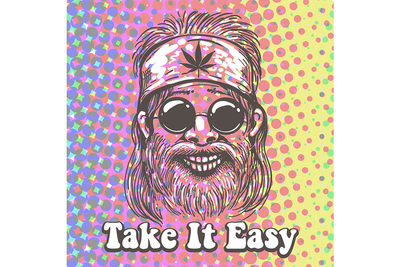 old-hippie-portrait-with-wording-take-it-easy-on-psychedelic-backgroun