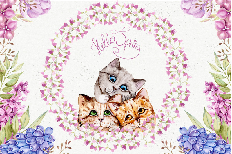 watercolor-spring-cats-and-flowers