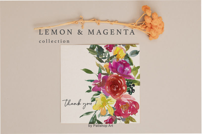 lemon-magenta-watercolor-floral-clipart