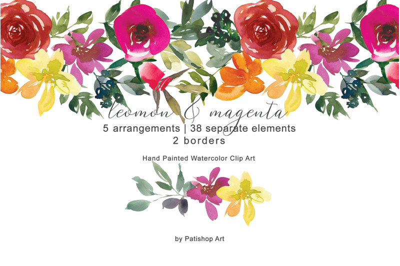 lemon-magenta-watercolor-floral-clipart