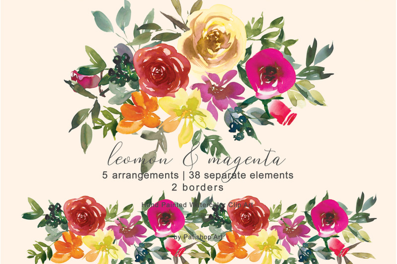 lemon-magenta-watercolor-floral-clipart