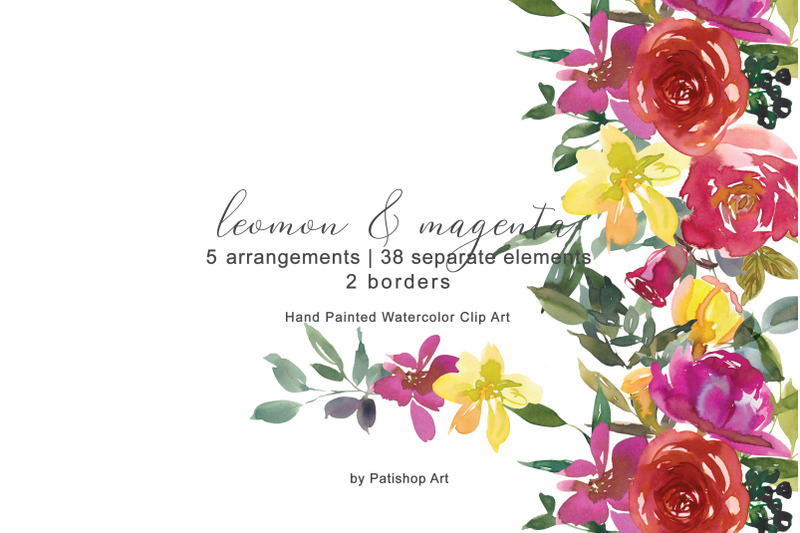 lemon-magenta-watercolor-floral-clipart