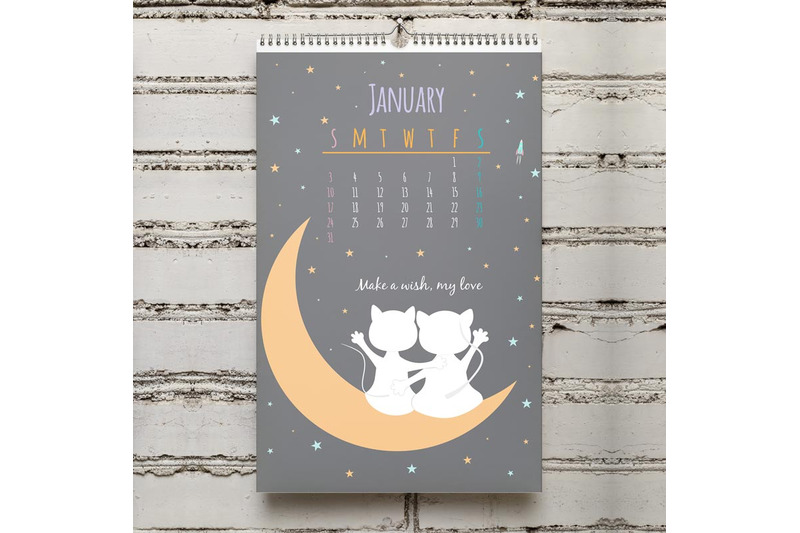 Cute Calendar For 2021 Cats Walk In Space Solar System By Nizhnik Thehungryjpeg Com