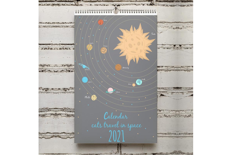 Cute Calendar For 2021 Cats Walk In Space Solar System By Nizhnik Thehungryjpeg Com