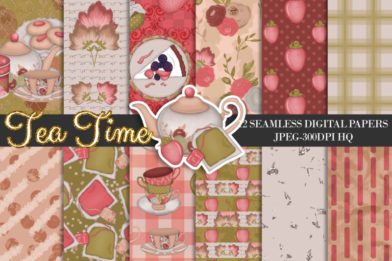 tea-time-digital-papers-tea-backgrounds-strawberry-patterns
