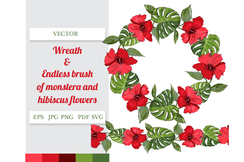 wreath-and-endless-brush-of-green-monstera-and-red-hibiscus