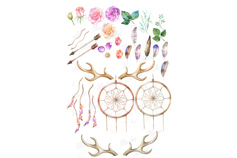boho-watercolor-clipart-rose-flowers-dream-catcher-deer-horns-antlers