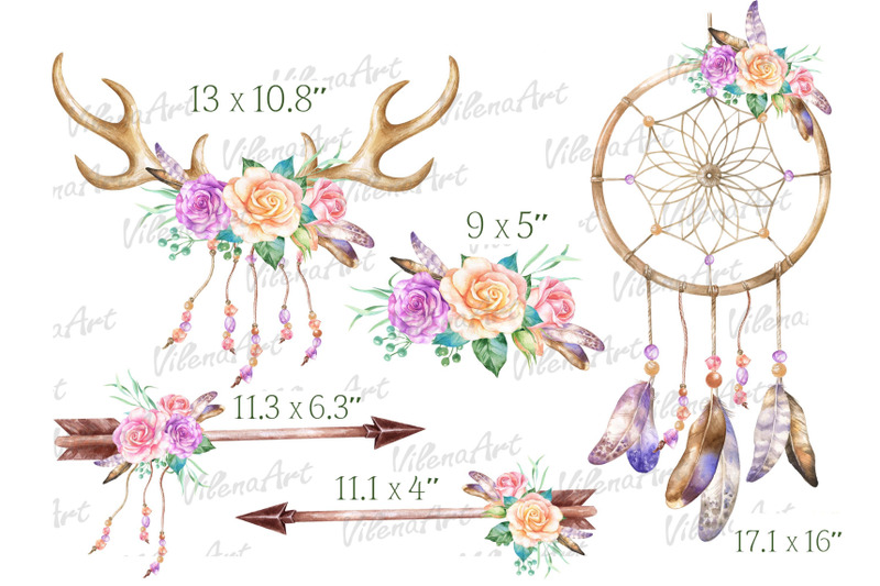 boho-watercolor-clipart-rose-flowers-dream-catcher-deer-horns-antlers