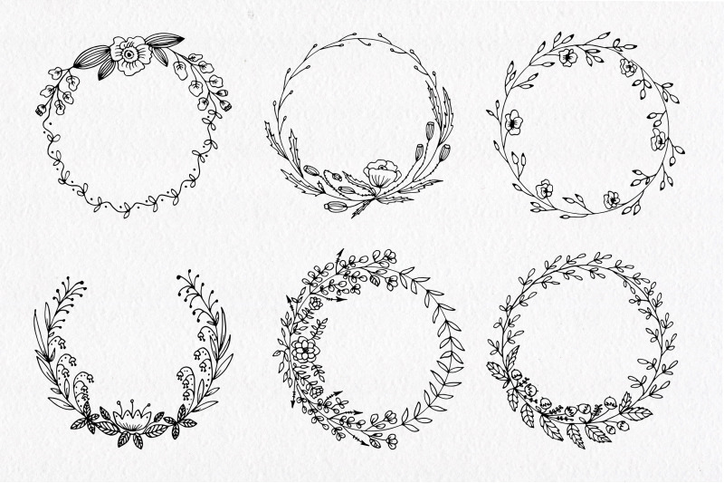 30 Hand drawn floral wreath. Simple line drawing. By Istratova