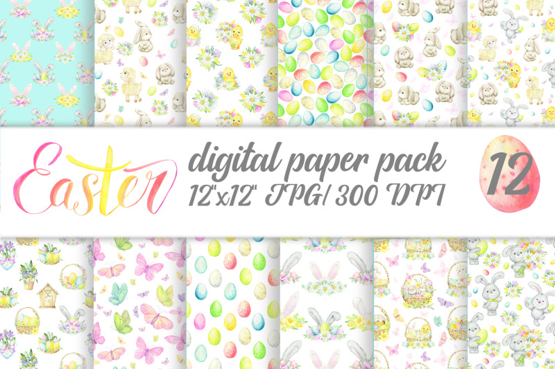 easter-floral-digital-paper-watercolor-spring-baby-bunny-lamb-eggs