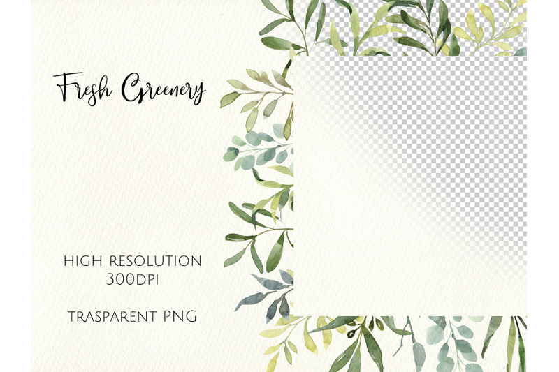 watercolor-greenery-frame-digital-clipart-instant-download-wedding
