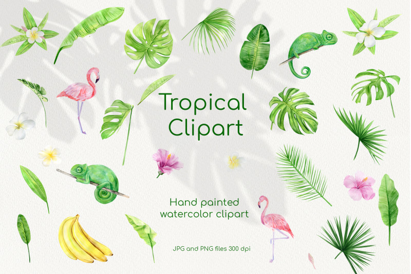 watercolor-tropical-clipart-set-pink-flowers-palm-leaves-and-animals