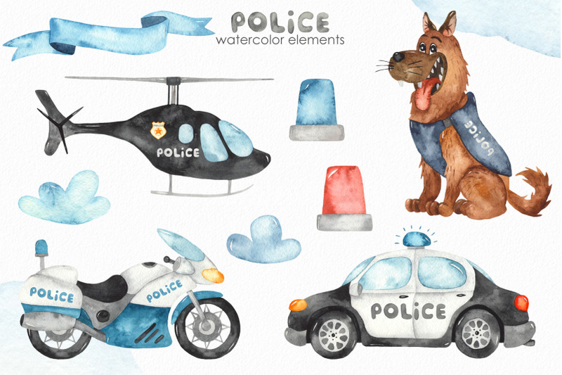 watercolor-police-clipart-car-helicopter-motorcycle-dog-equipment