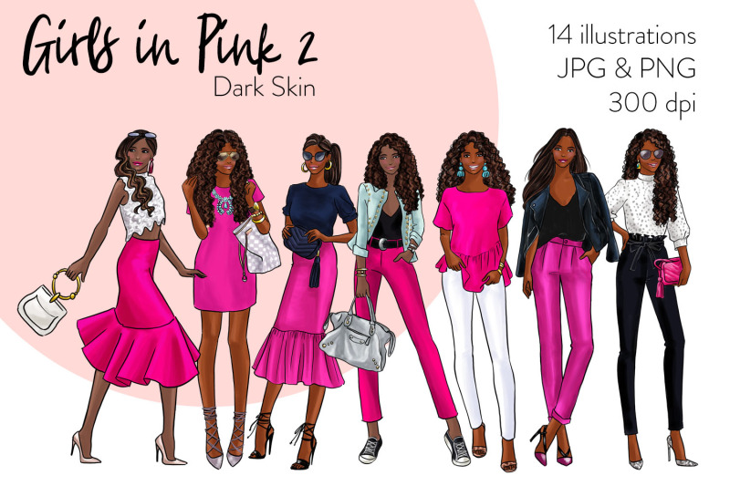watercolor-fashion-clipart-girls-in-pink-2-dark-skin