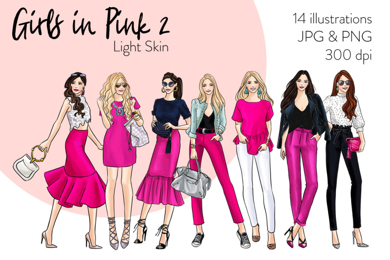 watercolor-fashion-clipart-girls-in-pink-2-light-skin