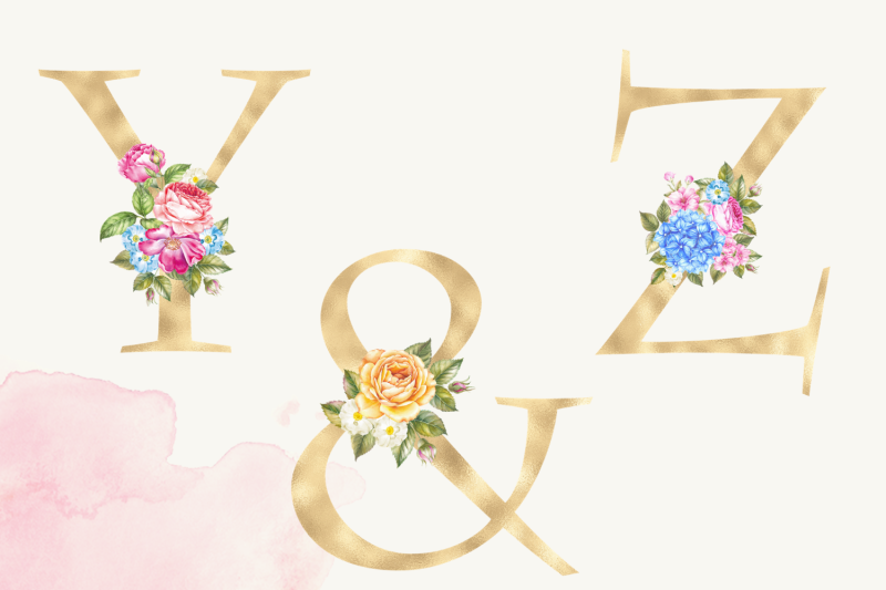 gold-foil-alphabet-with-hydrangea-flowers-floral-alphabet-clipart-le