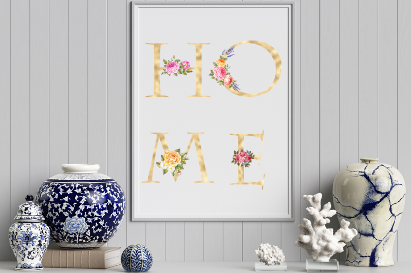 gold-foil-alphabet-with-hydrangea-flowers-floral-alphabet-clipart-le