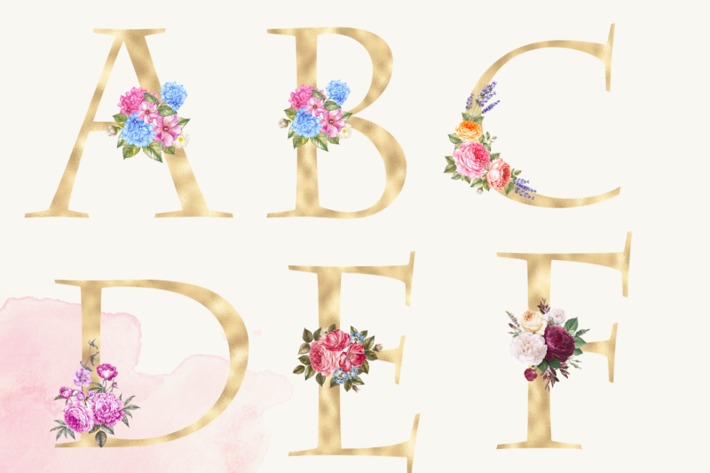 gold-foil-alphabet-with-hydrangea-flowers-floral-alphabet-clipart-le