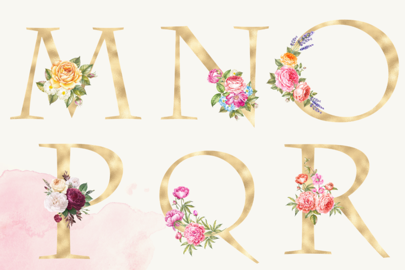 gold-foil-alphabet-with-hydrangea-flowers-floral-alphabet-clipart-le