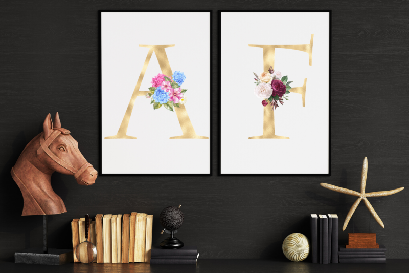 gold-foil-alphabet-with-hydrangea-flowers-floral-alphabet-clipart-le