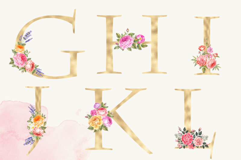 gold-foil-alphabet-with-hydrangea-flowers-floral-alphabet-clipart-le