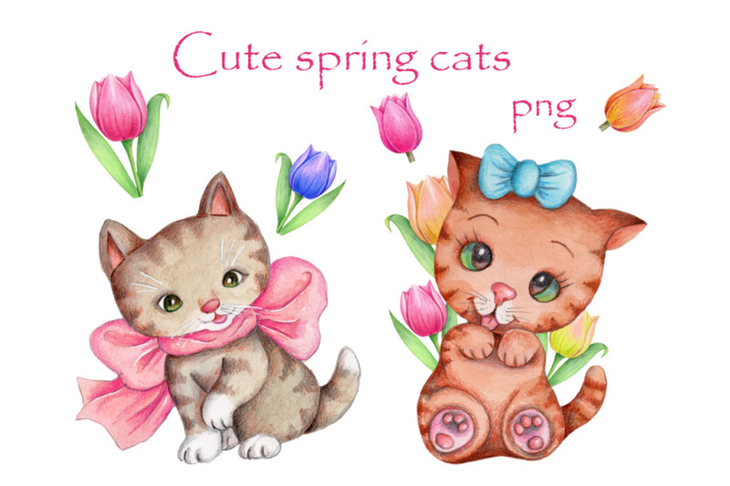 cute-spring-cats-watercolor-hand-drawn-illustrations
