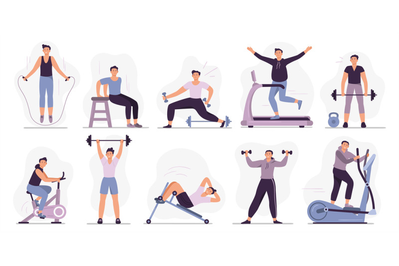 man-at-sport-gym-vector-illustration-set