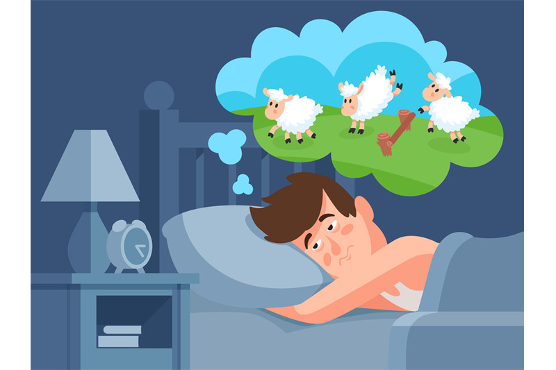 Man counts sheep to sleep. Insomnia cartoon vector illustration By