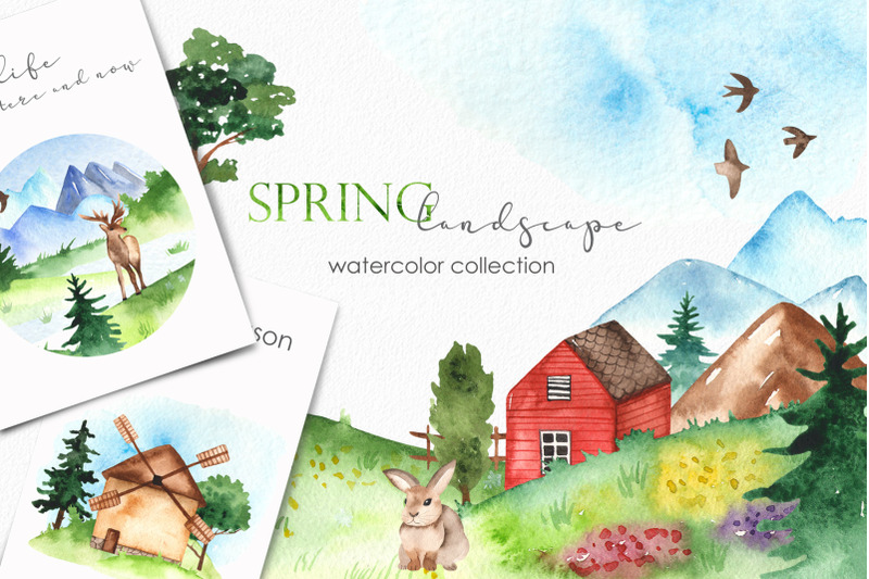 watercolor-spring-landscape-clipart-frames-seamless-patterns