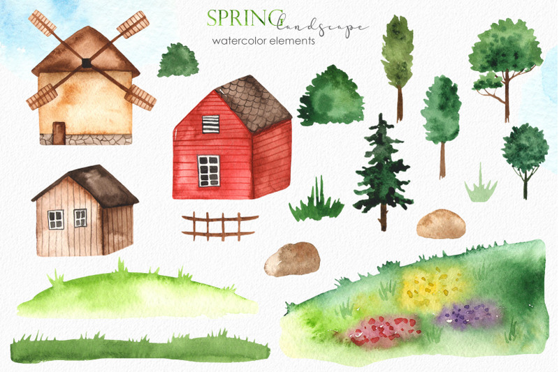 watercolor-spring-landscape-clipart-frames-seamless-patterns