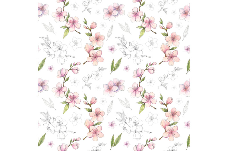 spring-cherry-almond-blossom-watercolor-and-pen-ink-seamless-pattern