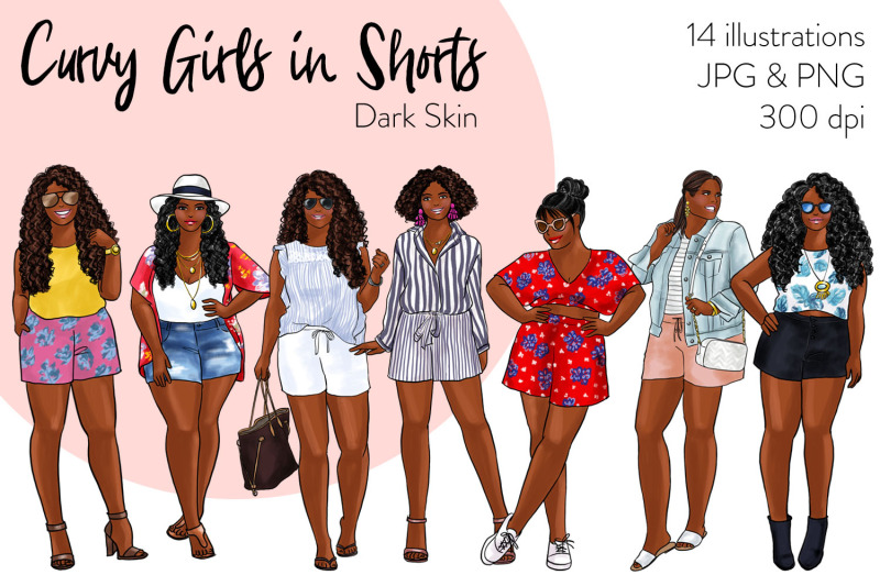 watercolor-fashion-clipart-curvy-girls-in-shorts-dark-skin