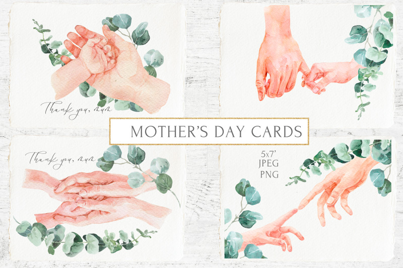 mother-039-s-day-cards-watercolor-hands-and-eucalyptus-greenery